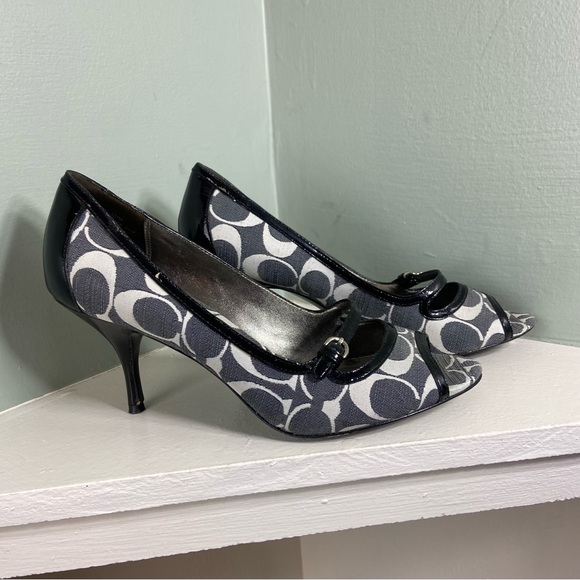 Coach Shoes - Coach Hayes Peep Open Toe Sz 7.5 Signature Fabric Black Patent Leather Heels